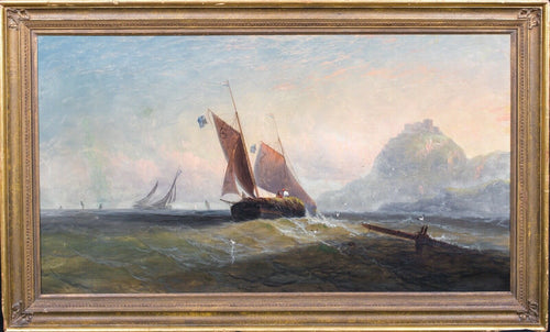Navire naviguant sur une barge à foin au large des côtes | École anglaise | 1870