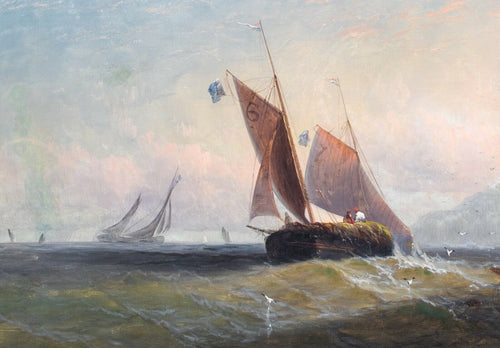 Navire naviguant sur une barge à foin au large des côtes | École anglaise | 1870