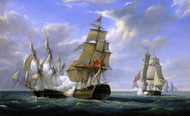 Fight of the British Third Rate 74-gun ship-of-the-line HMS Tremendous and HMS ''Hindostan against the French frigate Cannonière, 21 April 1806. painting by Pierre-Julien Gilbert