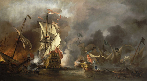 English Ship in Action with Barbary Vessels |  Willem van de Velde the Younger  | 1678