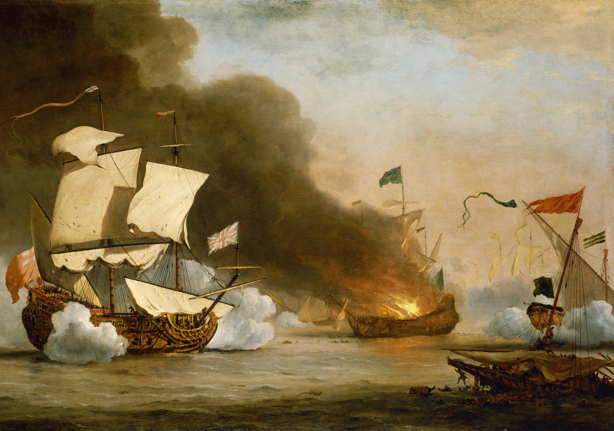 Historical painting of sailing ships with towering masts and billowing sails