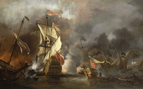 English Ship in Action with Barbary Vessels |  Willem van de Velde the Younger | 1678